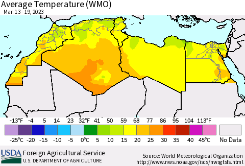 North Africa Average Temperature (WMO) Thematic Map For 3/13/2023 - 3/19/2023