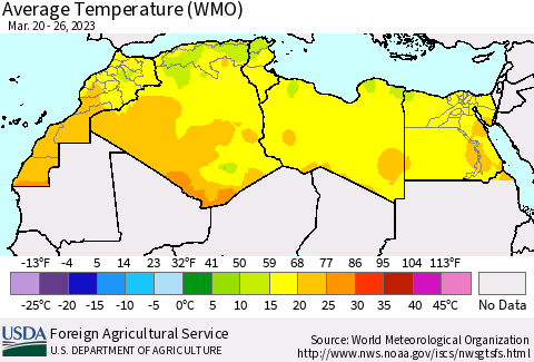 North Africa Average Temperature (WMO) Thematic Map For 3/20/2023 - 3/26/2023