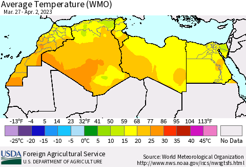 North Africa Average Temperature (WMO) Thematic Map For 3/27/2023 - 4/2/2023