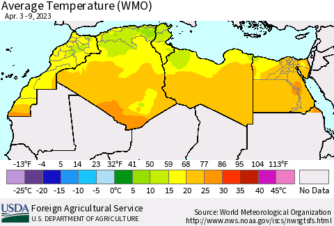 North Africa Average Temperature (WMO) Thematic Map For 4/3/2023 - 4/9/2023