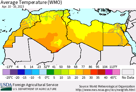 North Africa Average Temperature (WMO) Thematic Map For 4/10/2023 - 4/16/2023