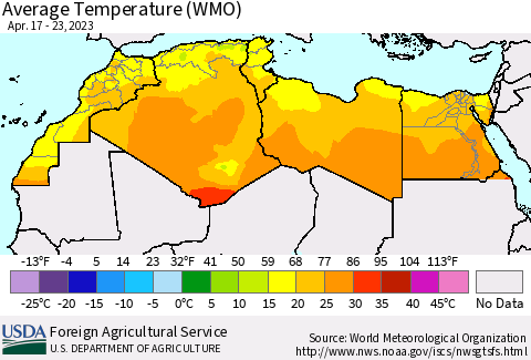 North Africa Average Temperature (WMO) Thematic Map For 4/17/2023 - 4/23/2023