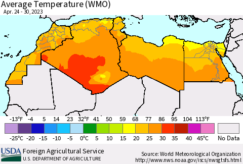 North Africa Average Temperature (WMO) Thematic Map For 4/24/2023 - 4/30/2023