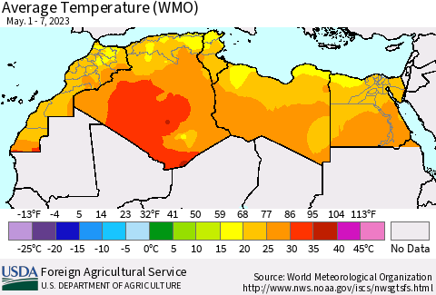 North Africa Average Temperature (WMO) Thematic Map For 5/1/2023 - 5/7/2023