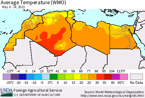 North Africa Average Temperature (WMO) Thematic Map For 5/8/2023 - 5/14/2023