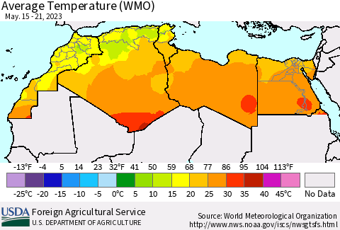 North Africa Average Temperature (WMO) Thematic Map For 5/15/2023 - 5/21/2023