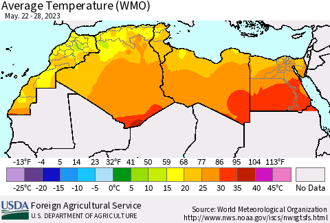 North Africa Average Temperature (WMO) Thematic Map For 5/22/2023 - 5/28/2023