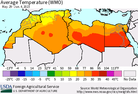 North Africa Average Temperature (WMO) Thematic Map For 5/29/2023 - 6/4/2023