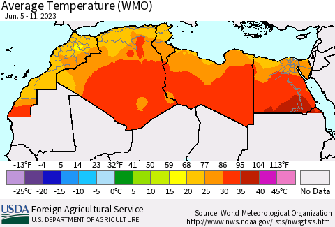 North Africa Average Temperature (WMO) Thematic Map For 6/5/2023 - 6/11/2023