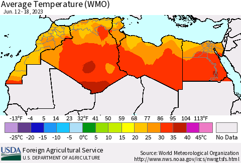 North Africa Average Temperature (WMO) Thematic Map For 6/12/2023 - 6/18/2023