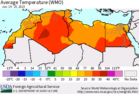 North Africa Average Temperature (WMO) Thematic Map For 6/19/2023 - 6/25/2023