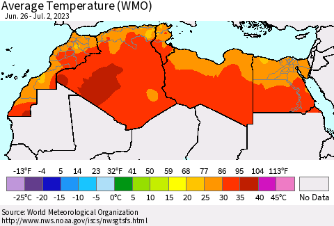 North Africa Average Temperature (WMO) Thematic Map For 6/26/2023 - 7/2/2023