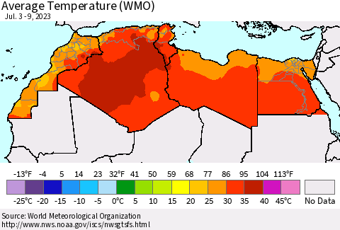 North Africa Average Temperature (WMO) Thematic Map For 7/3/2023 - 7/9/2023