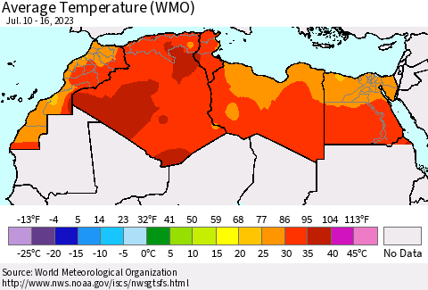 North Africa Average Temperature (WMO) Thematic Map For 7/10/2023 - 7/16/2023