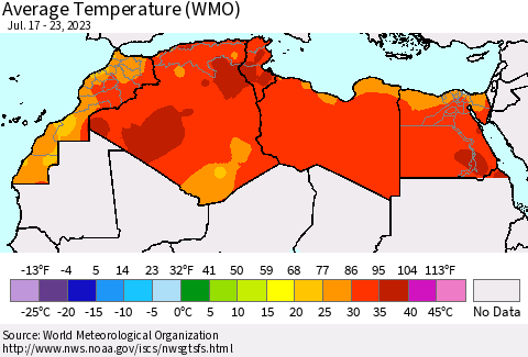 North Africa Average Temperature (WMO) Thematic Map For 7/17/2023 - 7/23/2023