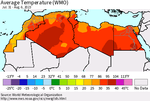 North Africa Average Temperature (WMO) Thematic Map For 7/31/2023 - 8/6/2023
