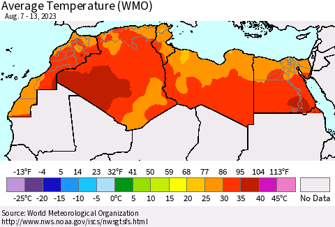 North Africa Average Temperature (WMO) Thematic Map For 8/7/2023 - 8/13/2023