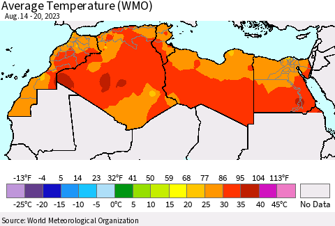 North Africa Average Temperature (WMO) Thematic Map For 8/14/2023 - 8/20/2023