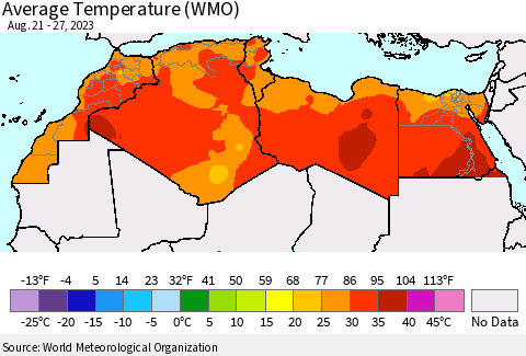 North Africa Average Temperature (WMO) Thematic Map For 8/21/2023 - 8/27/2023