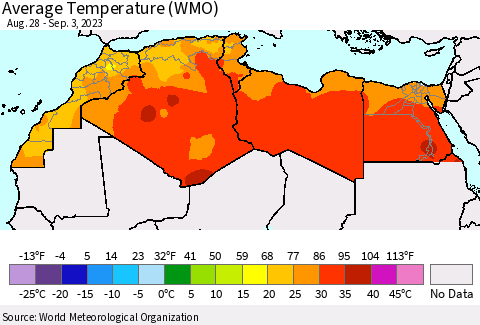 North Africa Average Temperature (WMO) Thematic Map For 8/28/2023 - 9/3/2023