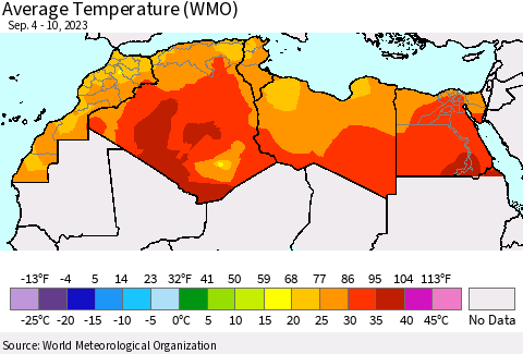 North Africa Average Temperature (WMO) Thematic Map For 9/4/2023 - 9/10/2023