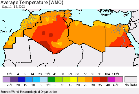 North Africa Average Temperature (WMO) Thematic Map For 9/11/2023 - 9/17/2023