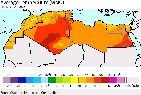 North Africa Average Temperature (WMO) Thematic Map For 9/18/2023 - 9/24/2023