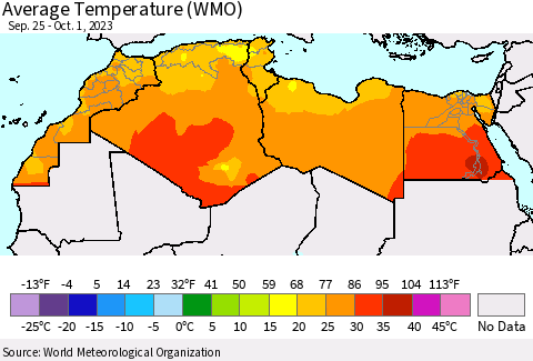 North Africa Average Temperature (WMO) Thematic Map For 9/25/2023 - 10/1/2023