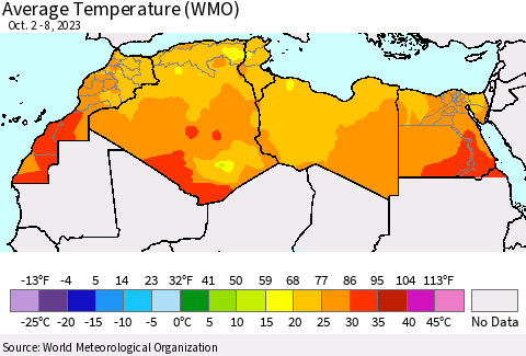 North Africa Average Temperature (WMO) Thematic Map For 10/2/2023 - 10/8/2023