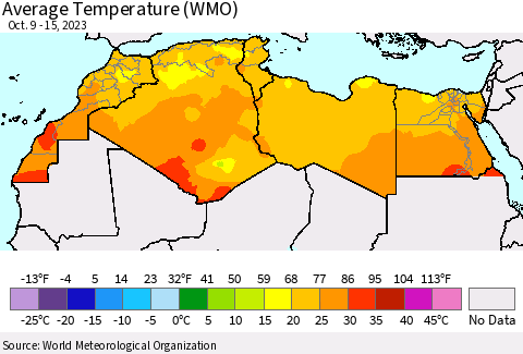 North Africa Average Temperature (WMO) Thematic Map For 10/9/2023 - 10/15/2023