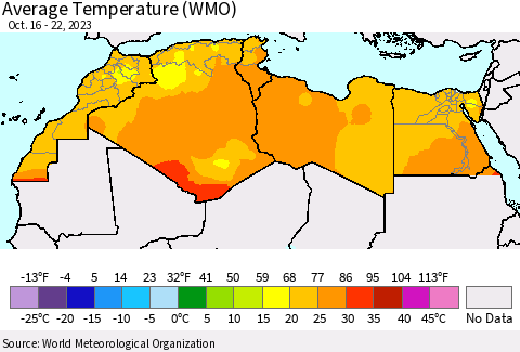 North Africa Average Temperature (WMO) Thematic Map For 10/16/2023 - 10/22/2023