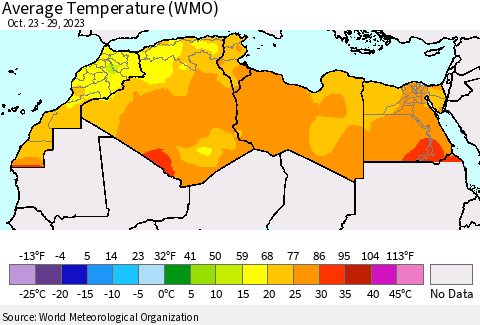 North Africa Average Temperature (WMO) Thematic Map For 10/23/2023 - 10/29/2023