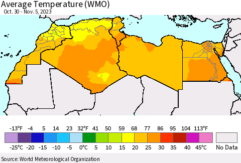 North Africa Average Temperature (WMO) Thematic Map For 10/30/2023 - 11/5/2023