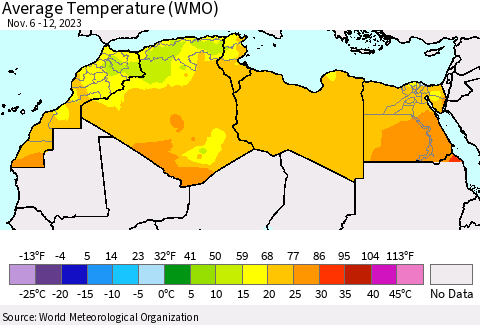 North Africa Average Temperature (WMO) Thematic Map For 11/6/2023 - 11/12/2023