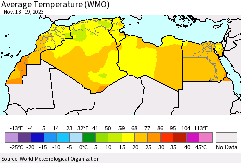 North Africa Average Temperature (WMO) Thematic Map For 11/13/2023 - 11/19/2023
