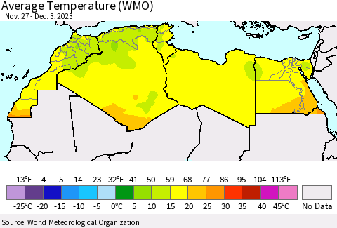 North Africa Average Temperature (WMO) Thematic Map For 11/27/2023 - 12/3/2023