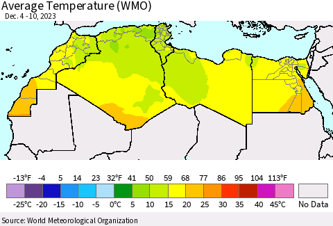 North Africa Average Temperature (WMO) Thematic Map For 12/4/2023 - 12/10/2023