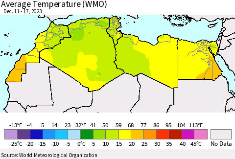 North Africa Average Temperature (WMO) Thematic Map For 12/11/2023 - 12/17/2023
