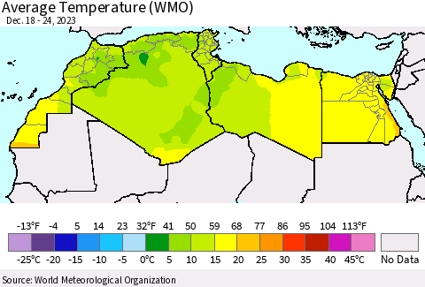 North Africa Average Temperature (WMO) Thematic Map For 12/18/2023 - 12/24/2023