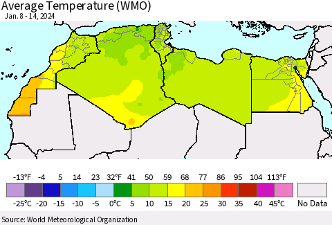 North Africa Average Temperature (WMO) Thematic Map For 1/8/2024 - 1/14/2024