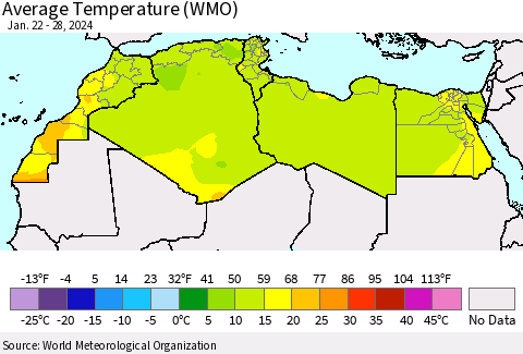 North Africa Average Temperature (WMO) Thematic Map For 1/22/2024 - 1/28/2024