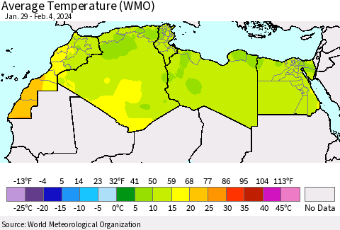 North Africa Average Temperature (WMO) Thematic Map For 1/29/2024 - 2/4/2024