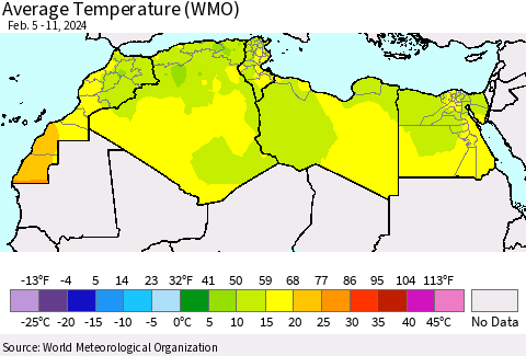 North Africa Average Temperature (WMO) Thematic Map For 2/5/2024 - 2/11/2024