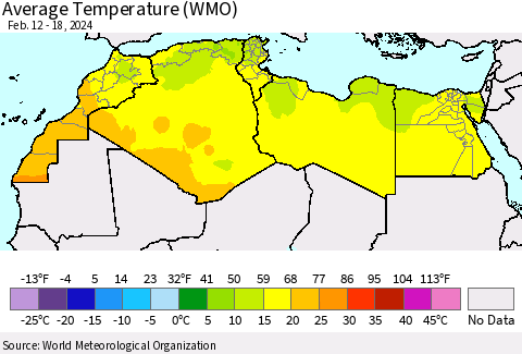 North Africa Average Temperature (WMO) Thematic Map For 2/12/2024 - 2/18/2024