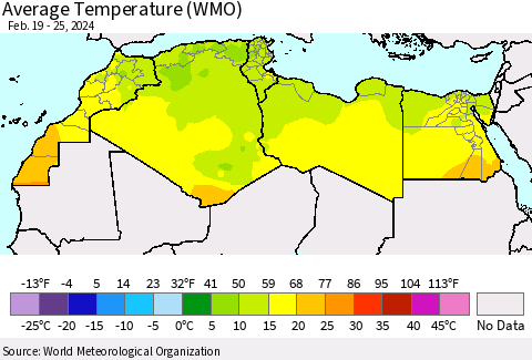North Africa Average Temperature (WMO) Thematic Map For 2/19/2024 - 2/25/2024