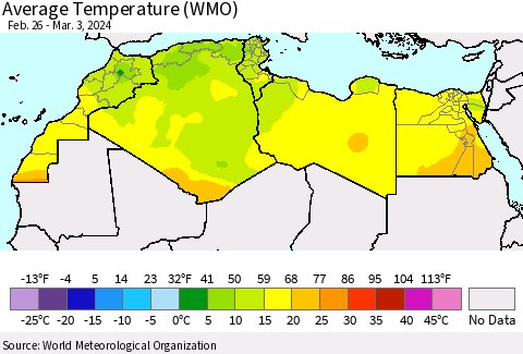 North Africa Average Temperature (WMO) Thematic Map For 2/26/2024 - 3/3/2024