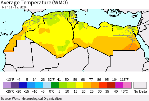 North Africa Average Temperature (WMO) Thematic Map For 3/11/2024 - 3/17/2024