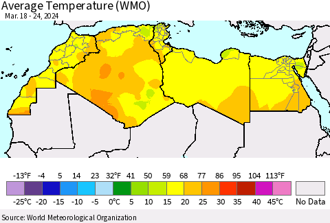 North Africa Average Temperature (WMO) Thematic Map For 3/18/2024 - 3/24/2024
