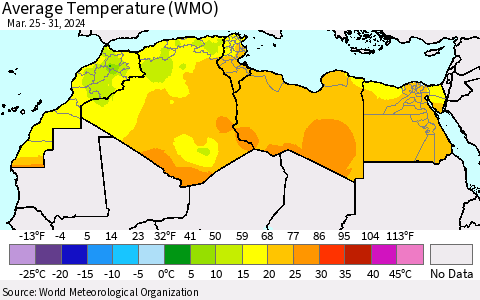 North Africa Average Temperature (WMO) Thematic Map For 3/25/2024 - 3/31/2024