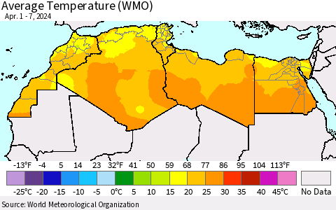 North Africa Average Temperature (WMO) Thematic Map For 4/1/2024 - 4/7/2024